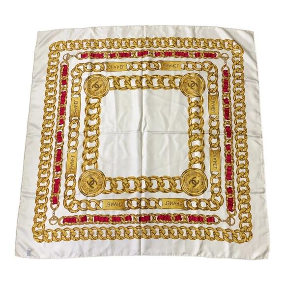 CHANEL Coco Mark Ivory x Multicolor Chain Pattern Square Silk Scarf /W Box - Picture 2 of 11